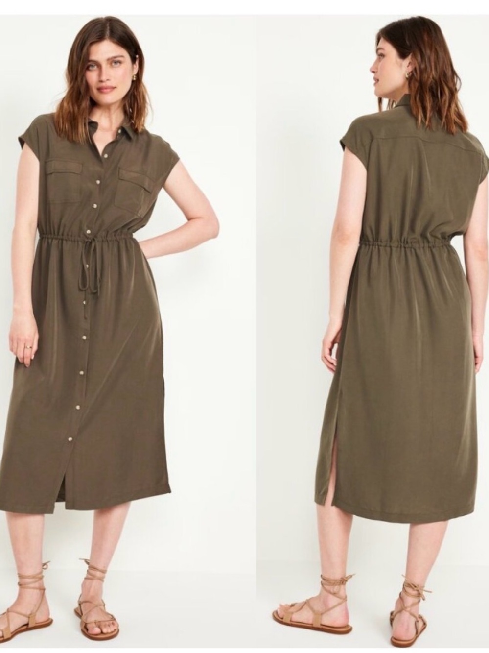 Old Navy Olive Button-Front Midi Shirt Dress